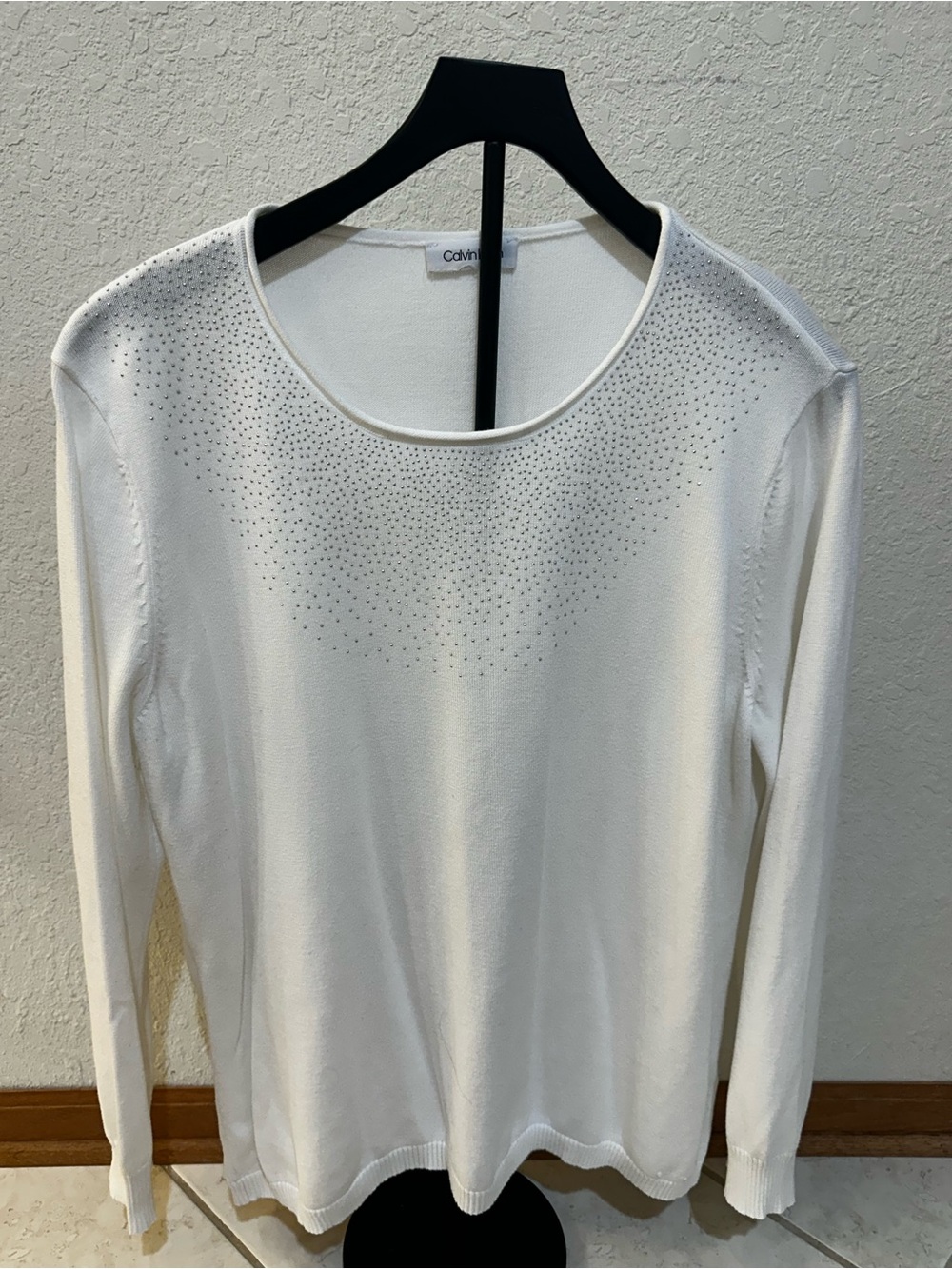 Calvin Klein White Long-Sleeve Studded Neck Sweater